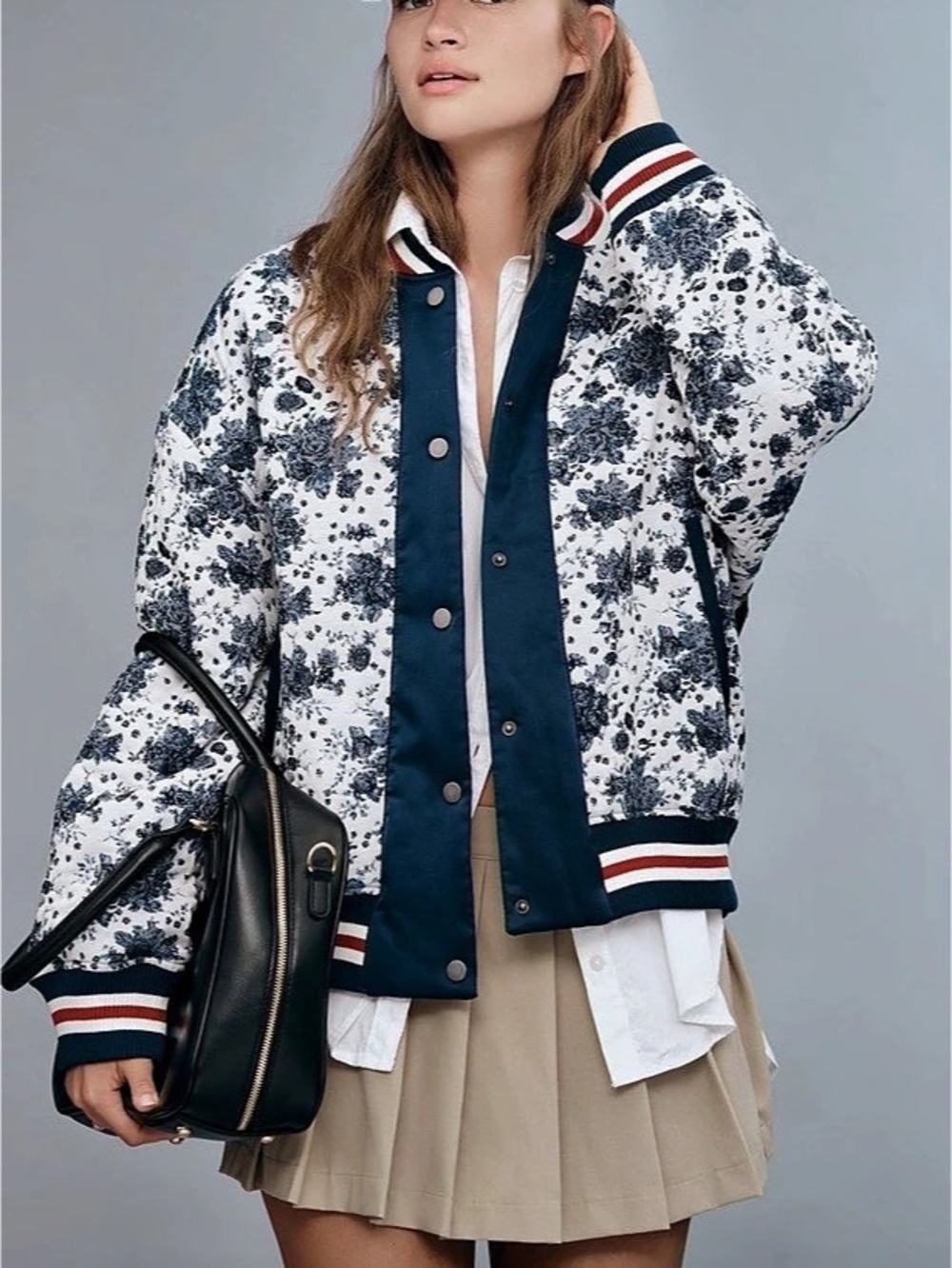 Maeve Floral Jacquard Bomber Jacket Blue & Cream
